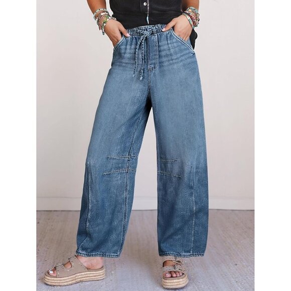 Women High Waisted Wide Leg Denim Pants Drawstring Baggy Casual Pants - Picture 3 of 6